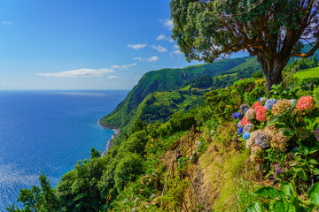 Viewpoint Ponta do Sossego, Sao Miguel Island, Azores, Portugal. View of mountain and the ocean. Nordeste