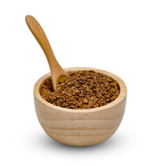 Instant coffee powder with wooden spoon and bowl isolated on white background ,include clipping path