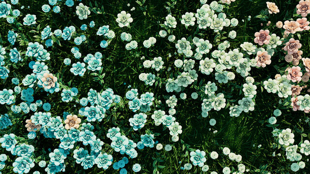 Multicolored Flower Background. Floral Wallpaper with Pale Green, Aqua and Dusky Pink Roses. 3D Render