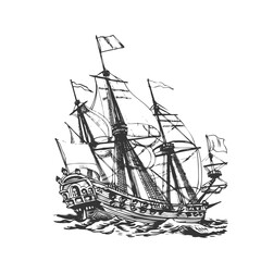 Sailing Ship Sketch Drawing. Sea or River Marine Transport	