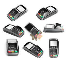 Collage of payment terminal with money and credit card on white background