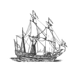 Sailing ship, hand drawing. Vector