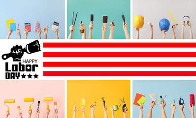Many hands with supplies of different professions and text HAPPY LABOR DAY