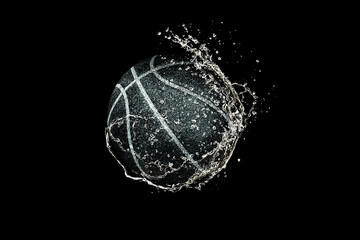 Basketball ball flying in water drops and splashes isolated on black background