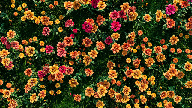Multicolored Flower Background. Floral Wallpaper with Orange and Red Roses. 3D Render