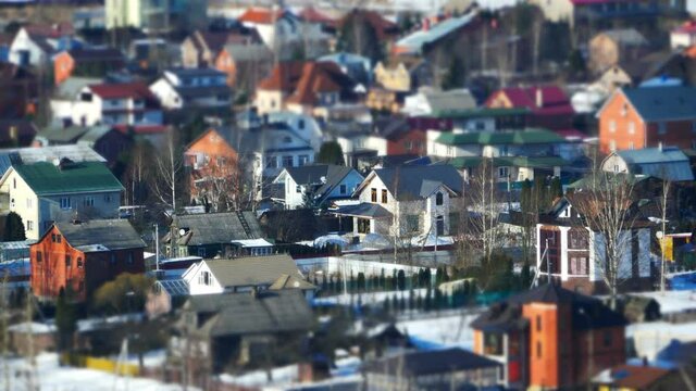 village houses top view zoon out suburb time lapse, tilt film
