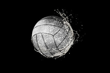 Volleyball ball flying in water drops and splashes isolated on black background
