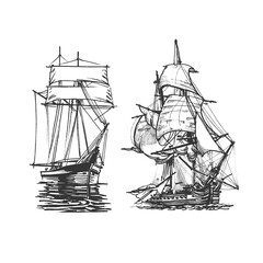 Sailing ship, graphic hand drawing. Sea or river transport, an isolated object. Vector