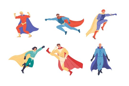 Set of vector cartoon flat superhero characters - different poses and moves, colors, costumes clothing, entertainment concept design