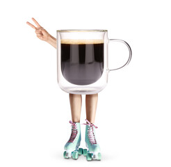 Cup of coffee with female hand and legs on roller skates against white background