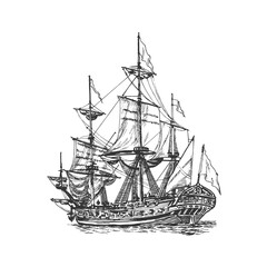 Sailing ship, graphic hand drawing. Sea or river transport, an isolated object. Vector