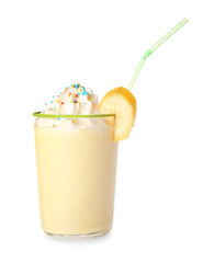 Glass of tasty banana milkshake on white background