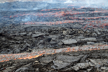 Texture of volcanic lava. Volcano eruption at Fagradalsfjall, Iceland.