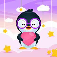 Cute Happy Penguin Holding Love