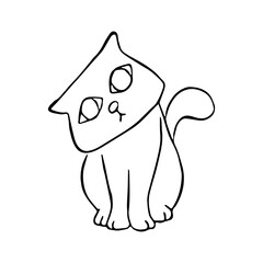 Black line a cat sat and tilted his neck on white silhouette. Hand drawn cartoon style. Doodle for coloring, decoration or any design. Vector illustration of kid art.