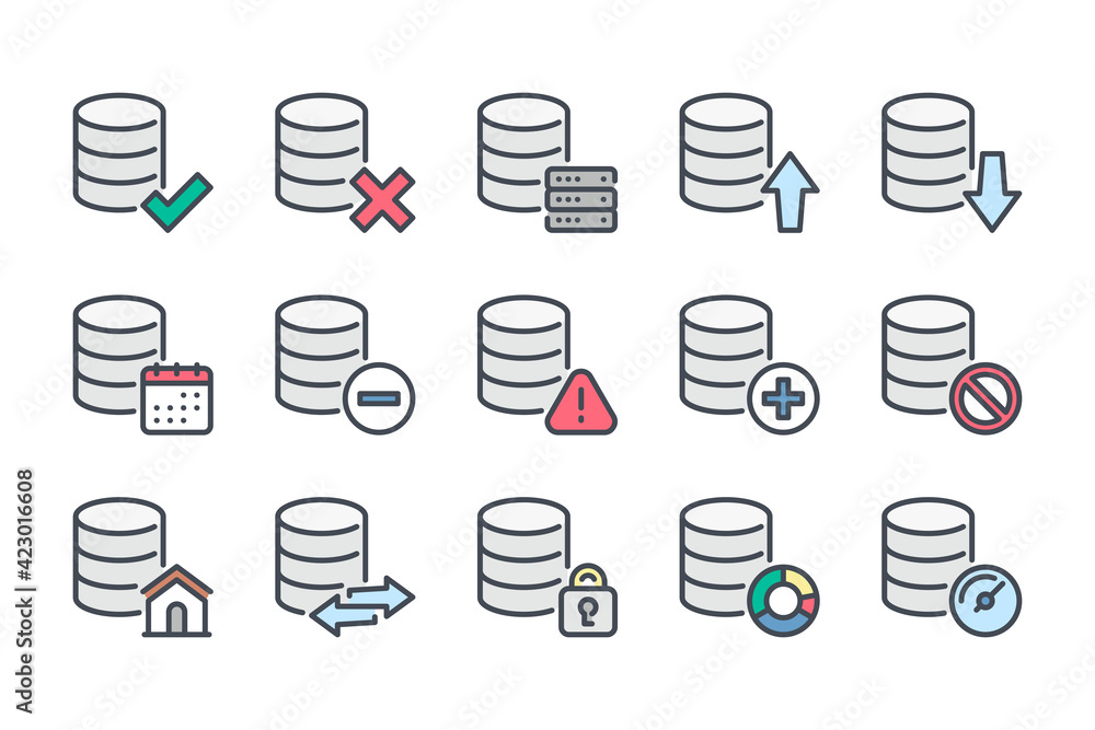 Poster database and cloud server color line icon set. network and hosting linear icons. data transfer and o