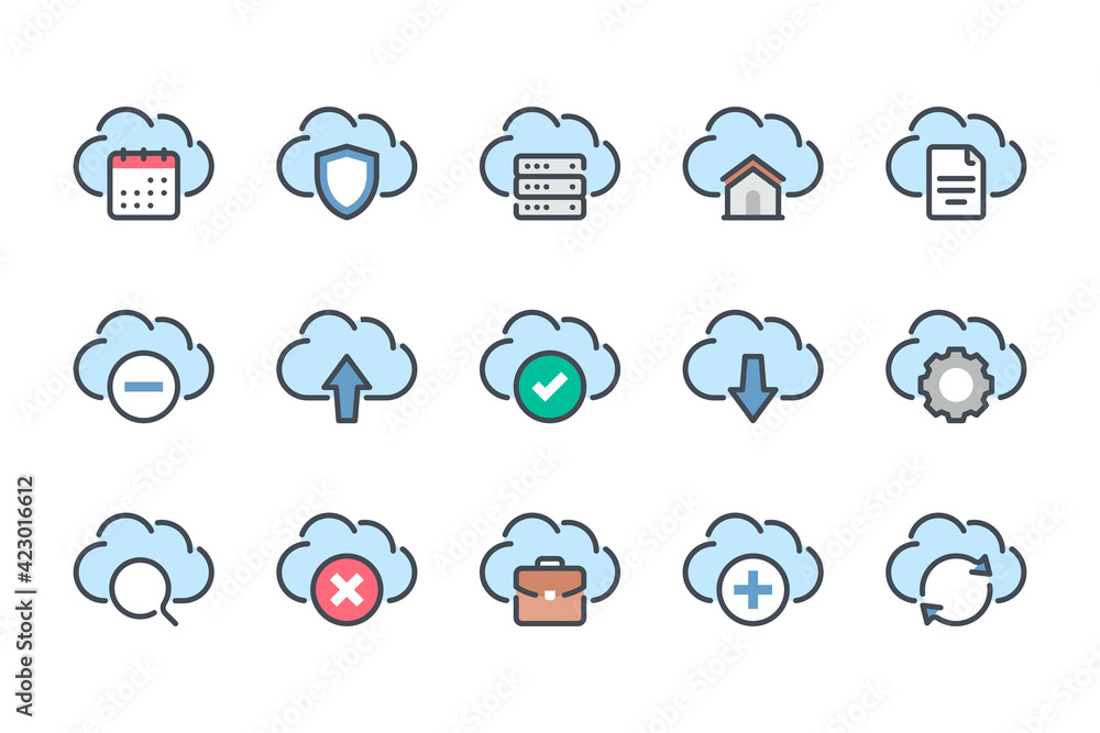Poster cloud technology, network and server data service color line icon set. cloud computing system linear