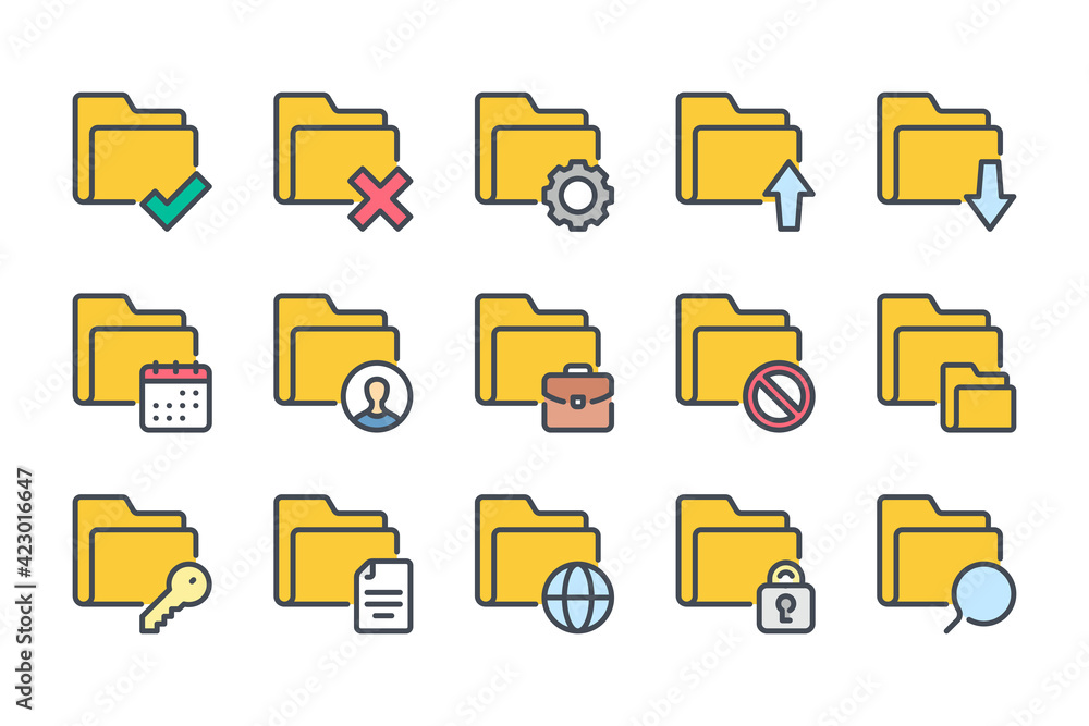 Poster folder and file management color line icon set. archive settings linear icons. document organization