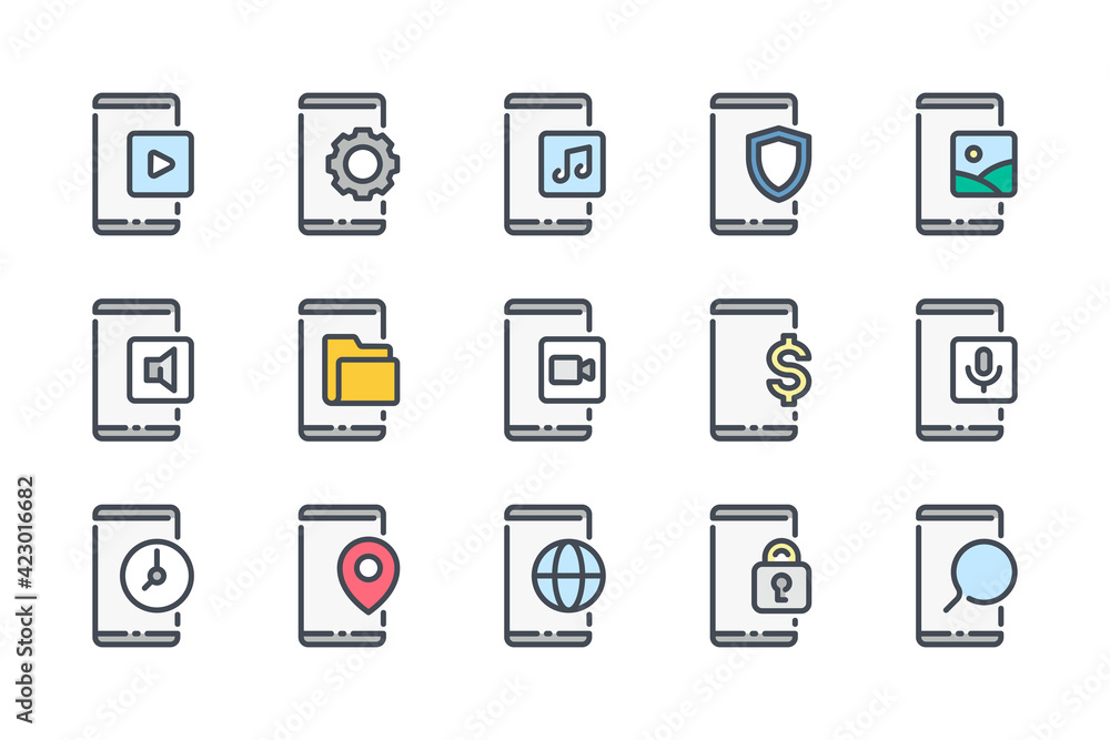 Poster mobile phone notifications and settings color line icon set. smartphone options and preferences line