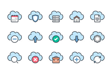 Cloud technology, network and server data service color line icon set. Cloud computing system linear icons. Online storage and hosting colorful outline vector sign collection.