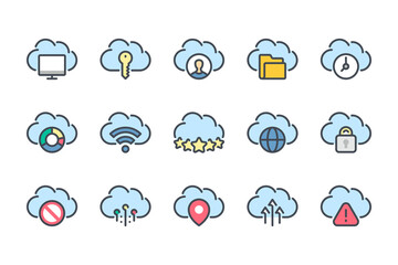 Cloud technology and server data service color line icon set. Cloud computing system and Network linear icons. Online storage and hosting colorful outline vector sign collection.