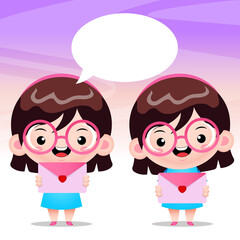 Happy Cute Girl Holding Envelope With Balloon Speech