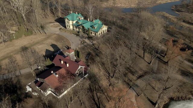 Aerial view of the old manor. Loshitsa manor, Minsk, Belarus. Back view. "Loshitsa". Manor XVIII-XIX centuries, which gave the name of the city of Minsk microdistrict Loshitsa.