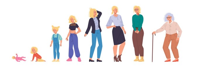 Set of cartoon flat girl character transformation her image on different time period of life, from birth to eldership. Healthy lifestyle social concept