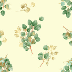 Watercolor seamless pattern with eucalyptus branches on a light background. Foliage, greenery, eucalyptus leaves. For textiles, wallpaper, invitations, greetings.