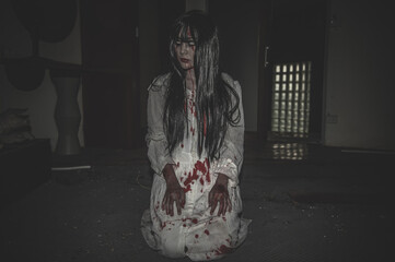 Portrait of asian woman make up ghost,Scary horror scene for background,Halloween festival...