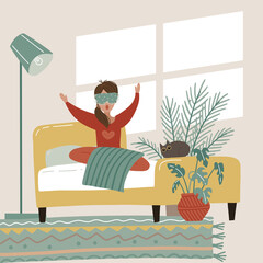 Woman Awake Morning In Comfortable Bed. Young Girl Awake From Healthy Sleep Yawn and Feel Satisfied After Night Dreams In Room House. Flat Cartoon vector Illustration.