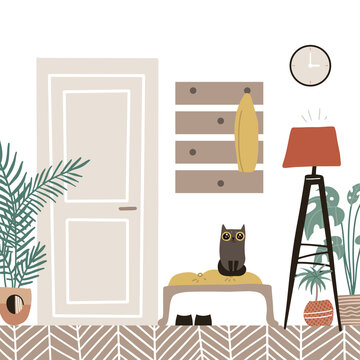 Fototapeta Hall interior - cozy scandinavian furniture with closed door. Hallway with potted plants and cat. Flat cartoon style vector illustration.