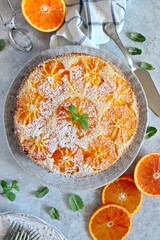 Orange cake on light background. Top view. Healthy cake.