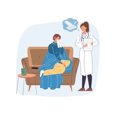 Vector cartoon flat patient,doctor characters.Physician character examines sick person woman in chair,prescribes medications-medical treatment therapy,telemedicine,web online banner ad concept