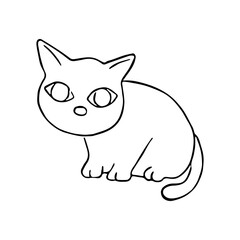 Black line a cat sit on white silhouette. Hand drawn cartoon style. Doodle for coloring, decoration or any design. Vector illustration of kid art.