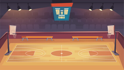 Basketball court landing page in flat cartoon style. Modern indoor stadium with wooden floor, scoreboard, hoops and tribune. Sports arena with spotlights. Vector illustration of web background © DesignSells