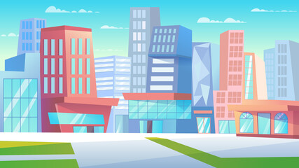Cityscape landing page in flat cartoon style. City street with skyscrapers, buildings of business center, road and entrance to metro stations. City panorama. Vector illustration of web background