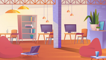 Creative coworking space landing page in flat cartoon style. Open loft office with bag chairs, laptops, computer on desktop, bookshelf. Comfortable workplace. Vector illustration of web background