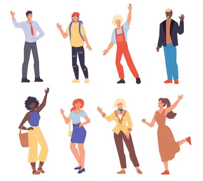 Set of cartoon flat characters happy greetings,waving hands - various poses,status and professions,communication and friendship social concept