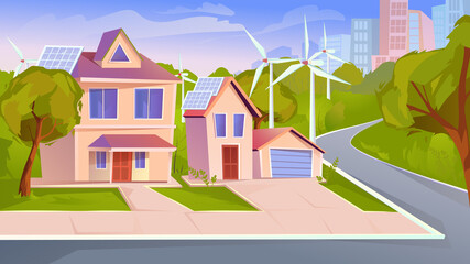 Suburb with green energy, landing page in flat cartoon style. Private houses with solar panels and wind turbines. Renewable energy, eco friendly city concept. Vector illustration of web background