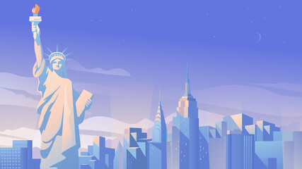 New York city panorama landing page in flat cartoon style. The Statue of Liberty, skyscrapers, urban landscape with modern building. Travelling of landmarks. Vector illustration of web background - obrazy, fototapety, plakaty