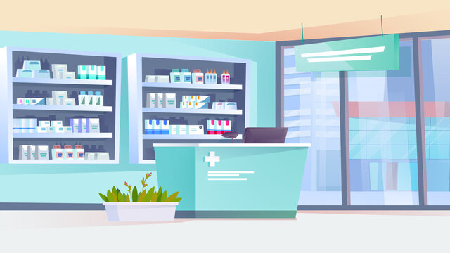 Pharmacy interior landing page in flat cartoon style. Drugstore with counter, shelves with medicines, pills, medical products. Pharmaceutical shop retail concept. Vector illustration of web background