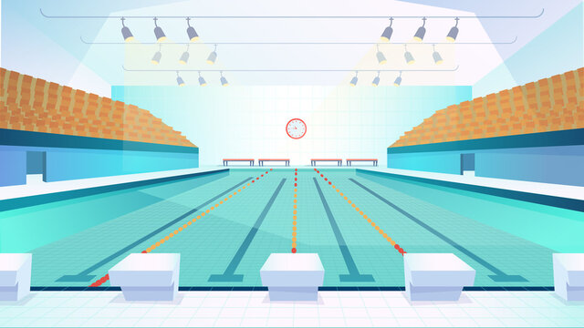 Swimming Pool Landing Page In Flat Cartoon Style. Modern Indoor Stadium Pool With Lanes And Tribune. Sports Arena With Spotlights. Recreation Or Competition. Vector Illustration Of Web Background