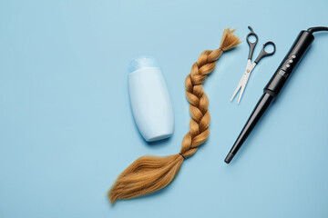Bottle of shampoo, braided strand, scissors and curling iron on color background