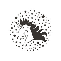 Head of cute cartoon unicorn on star background. Black and white design element for kid t shirt print.