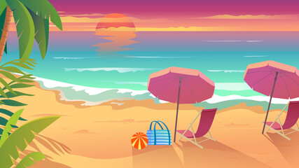 Fototapeta na wymiar Summertime vacation at sea resort landing page in flat cartoon style. Sunset on seaside, sandy beach, sun loungers with umbrellas, palms and tropical plants. Vector illustration of web background