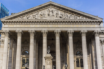 Old Royal Exchange building (1571) facade. City of London, financial district. England, UK, Europe. 