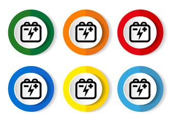 Battery, power storage icon set, flat design vector illustration in 6 colors options for webdesign and mobile applications