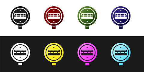 Set Railroad crossing icon isolated on black and white background. Railway sign. Vector
