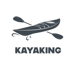 Silhouette of a kayak with a paddle on a transparent background. Vector flat design symbol of kayaking and canoeing. Web icon of water sports transport.